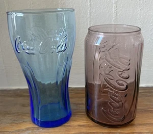 2 Coca Cola Coloured Glasses With Embossed Lettering Inc Purple Novelty Coke Tin - Picture 1 of 3