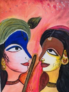 Radha Krishna Handmade oil Painting On Canvas, Indian Painting - Picture 1 of 5