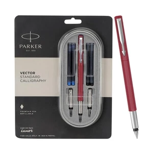 🔥Parker Vector Standard Chrome Trim Calligraphy Red Fountain Pen -7-Piece Set🔥 - Picture 1 of 9