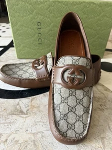 New Gucci Brown Leather and GG Monogram canvas Loafers Shoes Men's UK 12.5 US 13 - Picture 1 of 9