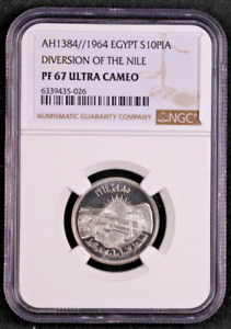AH 1384 1964 EGYPT 10 Piastres Diversion of the Nile Silver - NGC PF67 UC