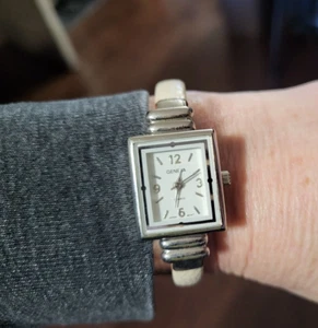 Womens Geneva Rectangle Bangle Watch with Easy to Read Dial on White Cuff Band - Picture 1 of 6
