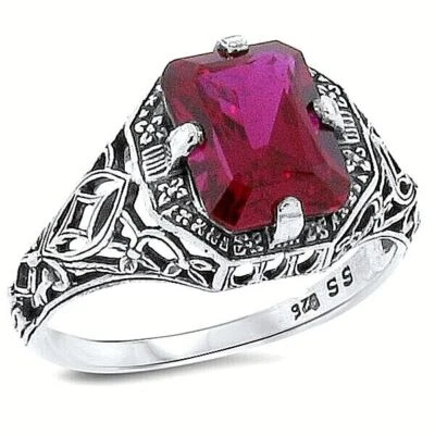 DECO ANTIQUE STYLE 3 CT LAB-CREATED RUBY 925 STERLING SILVER FILIGREE RING  152X - Image 1 of 3