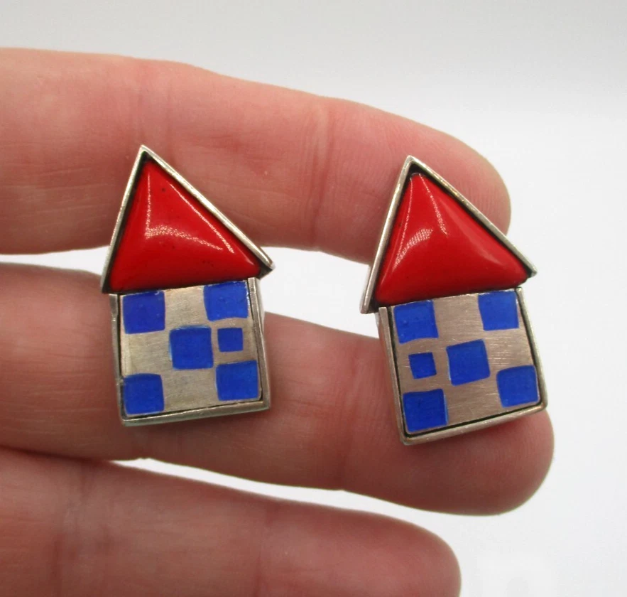 STERLING SILVER CUFFLINKS ~ RED & BLUE ENAMEL HOUSE ~ SIGNED RW - Image 1 of 4