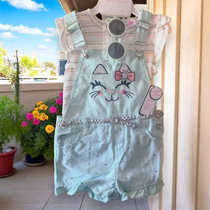 Little Lass Girls 4T 3-Piece Overall Shorts Top Sunglasses Turquoise Blue NWT - Picture 1 of 5