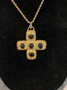 KJL Kenneth Jay Lane Gold Cross Pendant Black Cabochons Rope Chain Necklace 33" - Picture 1 of 4