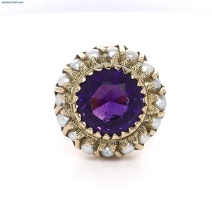Vintage Amethyst Cocktail Ring mit Saatperlen in 14K Gelbgold Größe 6 - Bild 1 von 6