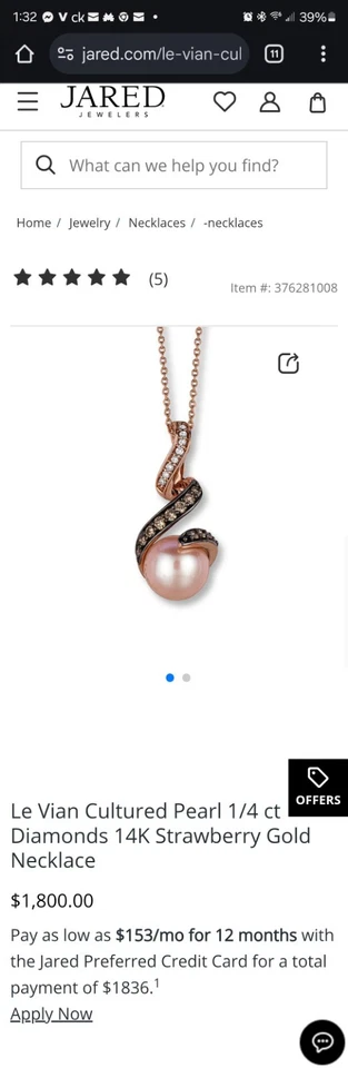 Collar Le Vian Perla Cultivada 1/4 ct dos Diamantes Oro Fresa 14K Foto 1 de 4