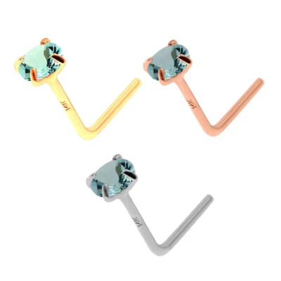 Tachuela nariz aguamarina real genuina calibre 20 oro macizo 14K en forma de L Foto 1 de 4