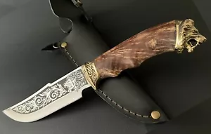 CUSTOM HANDMADE KNIFE MAPLE CUP HUNTING ROYAL LION + LEATHER SHEATH #2 - Picture 1 of 6