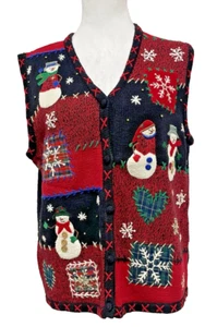 Erika Mujer Botón Grande Navidad Suéter Chaleco Negro Cuello en V Muñeco de Nieve Vacaciones - Imagen 1 de 3