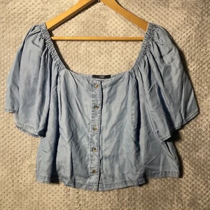 GEORGE WOMENS DENIM TOP SIZE UK 20 BLUE PUFF SLEEVE - Picture 1 of 10