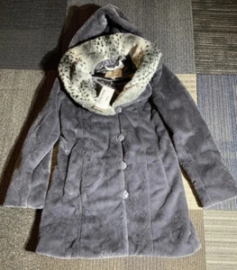 NWT Womens dennis by dennis basso GOLD Size XS Gray Coat Faux Fur Hooded - Picture 1 of 12