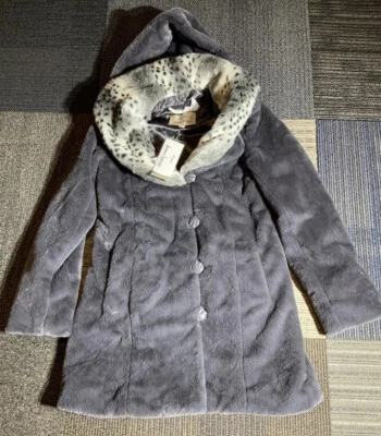 全新带标签女式 dennis by dennis basso 金色 XS 码灰色外套人造毛皮连帽 — 第 1/4 张图片