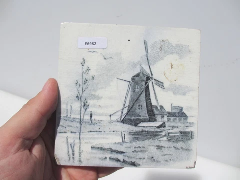 Antique Ceramic Tile Vintage Old Dutch Farmhouse Windmill River Scene Cover