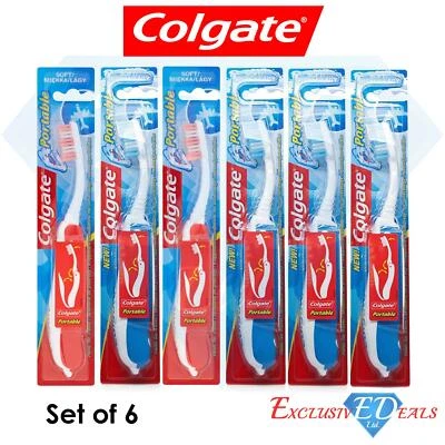 6 x Colgate kompakte tragbare Reisezahnbürste mit Klappdeckel weiche Borsten