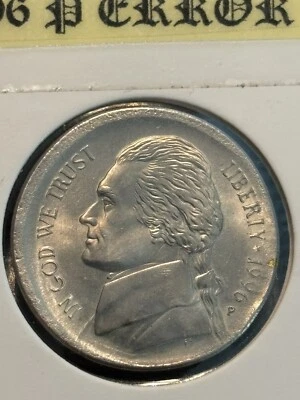 1996-P Jefferson Nickel Centered Broadstrike Broadstruck ERROR COIN.BU FULL STEP - Image 1 of 2
