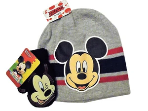 Mickey Mouse Grey Toddler Knit Beanie Winter Hat Mickey Black Mittens NWT - Picture 1 of 3