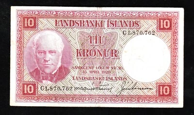 🇮🇸 Iceland ,Landsbanki Islands 10 Kronur,1928 * Jón Sigurðsson * BANKNOTE - Image 1 of 2