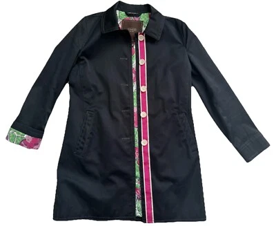 De Colección Coach Negro Satén Firma Forro Floral Caminar Abrigo Francés Chaqueta S Foto 1 de 4