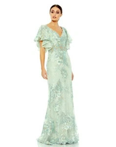 Mac Duggal Seafoam Green Flutter Sleeve Embellished Lace Trumpet Gown 10 $698 - Picture 1 of 3