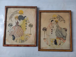 Paire cadres lithographies XAVIER SAGER Pierrot la Lune Anciens Gravure Signée  - Picture 1 of 7