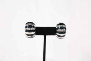 Vintage Tiffany & Co. 925 Silver Enamel Stripe Wide Hoop Clip On Earrings - Picture 1 of 9