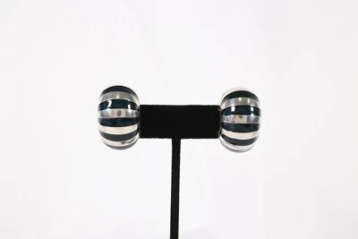 Vintage Tiffany & Co. 925 Silver Enamel Stripe Wide Hoop Clip On Earrings - Image 1 of 4