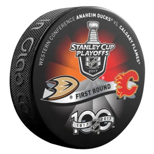 2017 ANAHEIM DUCKS vs CALGARY FLAMES Stanley Cup Playoff Hockey Puck - Picture 1 of 1