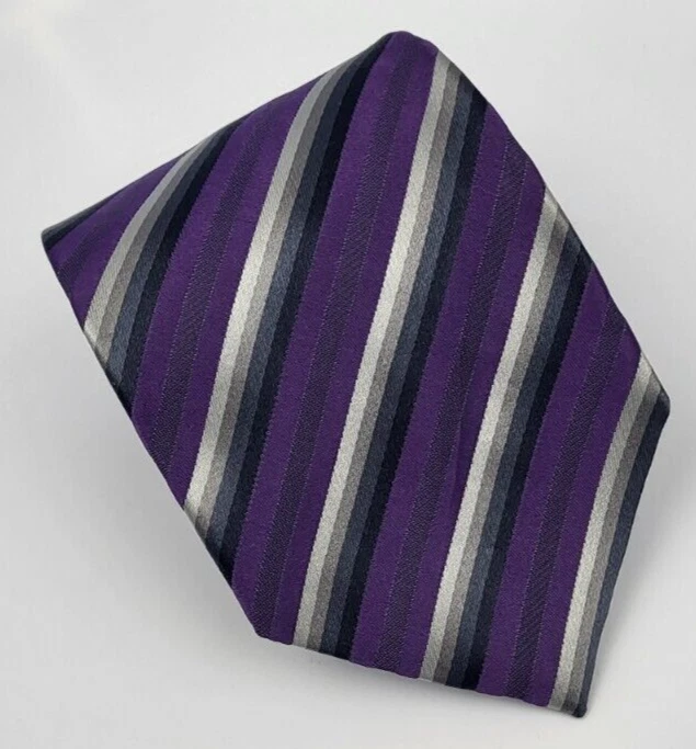 Kenneth Cole Reaction Silk Tie Purple Gray Black Stripes Men Necktie 59 x 3.3/8 - Image 1 of 4