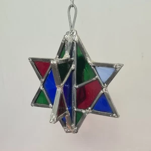 Vintage Stained Glass Leadlight Star Hanging Suncatcher Brutalist Red Blue 20cm - Picture 1 of 7