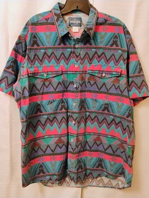 Vintage 90s Wrangler Brushpopper Short Sleeve Western Shirt Aztec/ Navajo XL - Image 1 of 4