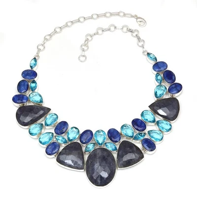 Colar e conjunto de joias artesanais de quartzo azul suíço de safira maravilhosa 18-20"" - Imagem 1 de 4