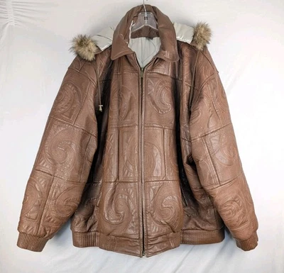 Abrigo de cuero Bubble Well en relieve para hombre 5XL marrón desmontable capucha ribete de piel Y2K Foto 1 de 4