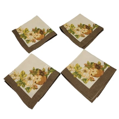 Harvest Season Pumpkin Grove Fall Seasonal Brown Border Cloth Napkins Set of 4 - Image 1 of 4