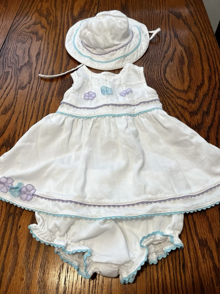 Sundress Bonnet Sz 6-9 Mos White Blue Purple Trim Bloomers  Koala Baby - Image 1 of 4