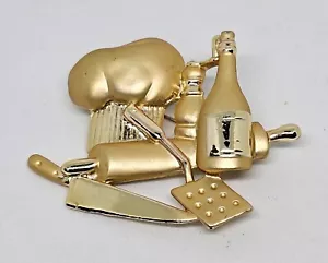 Vtg Signed OAJC Chef Cook Baker Gold Tone Pin Brooch Frosted Rolling Pin Spatula - Picture 1 of 7