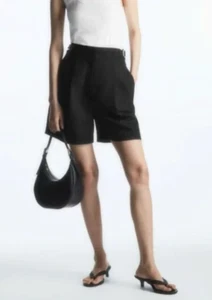 COS Cintura Alta Plisado Negro Vestido Lyocell Mezcla de Lino Bermudas Pantalones Cortos Talla 12 - Imagen 1 de 7