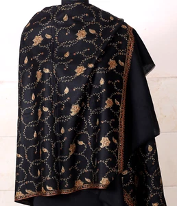 KASHMIRI MICRO EMBROIDERED JAAL BLACK STOLE PASHMINA - Picture 1 of 3
