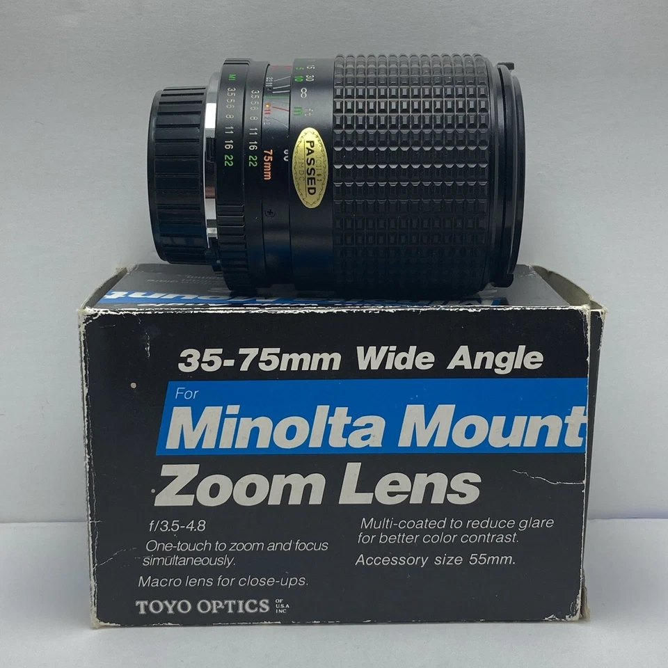 MINOLTA Mount Zoom Lens 35-75mm 3.5-4.8 Wide Angle Toyo Optics Made In Japan - Image 1 of 4