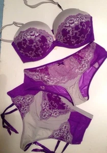 NWT Victoria's Secret Multiway Bra Panty Garter Stockings Set Neon Grape 32A,S - Picture 1 of 11