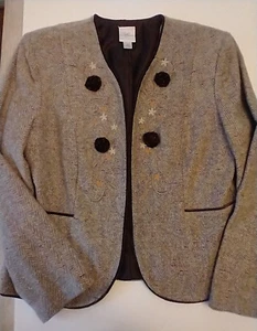 Embroidered blazer Size 10P Emma James brown herringbone pattern velour accents - Picture 1 of 10