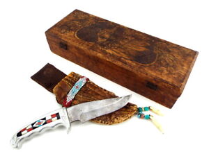 Handmade Native American Inlaid Knife, Leather & Beaded Sheath in Wooden Box
