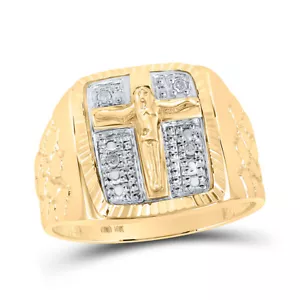 10K Yellow Gold Mens Round Diamond Crucifix Jesus Cross Ring 1/20 Cttw - Picture 1 of 2