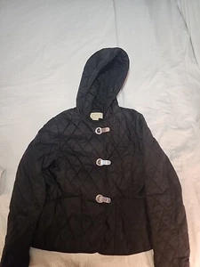 MICHAEL KORS Womens CLIP FRONT Quilted Hip Length BLACK LS Hooded Jacket SZ PM - Picture 1 of 5
