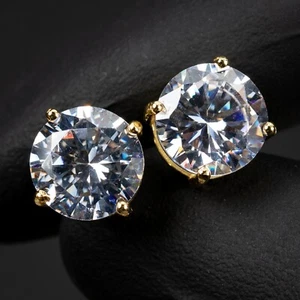 Solitaire Round 14k Gold Plated 925 Sterling Silver CZ Stud Screw Back Earrings - Picture 1 of 5