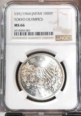 1964 JAPAN SILVER 1000 YEN MOUNT FUJI NGC MS 66 RARE HIGH GRADE GEM - Image 1 of 3