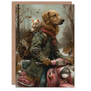 Geburtstagskarte Hundeliebhaber Katze Roller Fahrradfahren Roadtrip Freunde für Kind Kinder - Bild 1 von 6