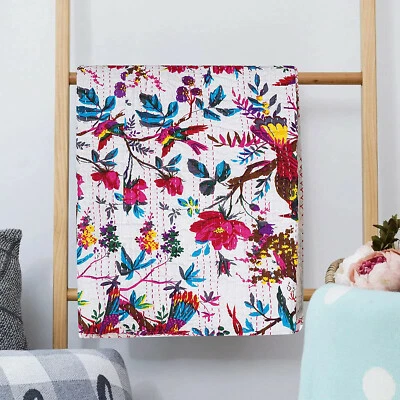 Kantha Quilt Indian Cotton Handmade Bedspread twin Size bird printed Gudari whit - Image 1 of 4