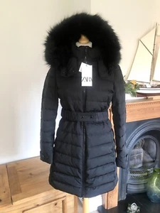 Zara Black Wind Protection Duck Down Hooded Belted Puffer Coat M UK12  # P23M - Picture 1 of 12